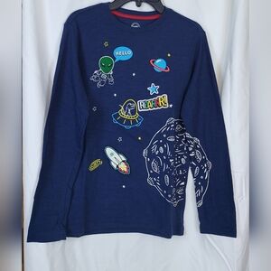 Wonder Nation Boys Navy‎ Blue Long Sleeve Embroidered Outer Space Tee L 10/12